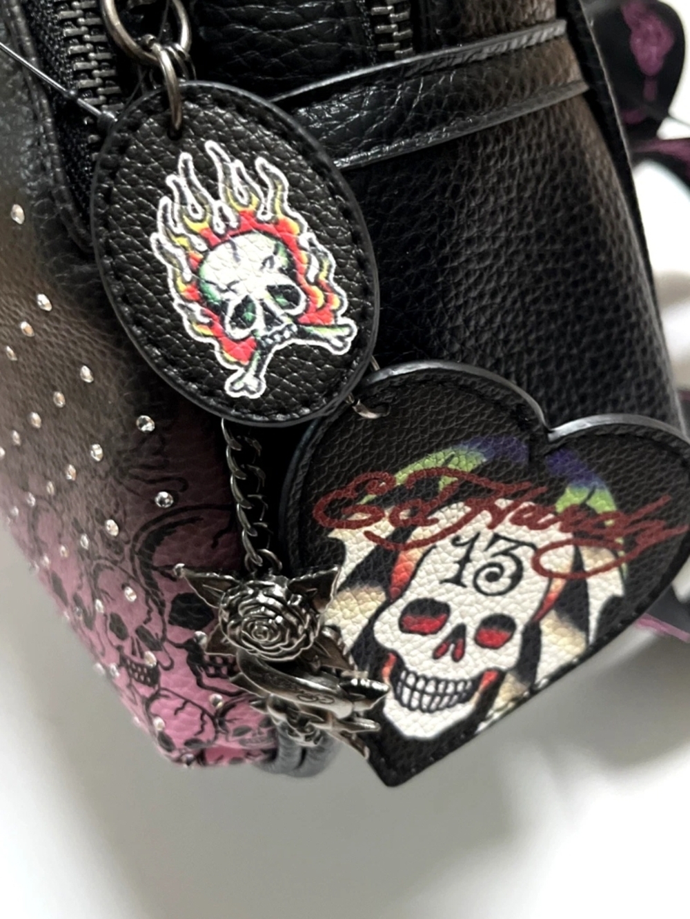 Ed Hardy Black and Pink Skull Mini Backpack with Stud Detailing - Picture 8 of 8